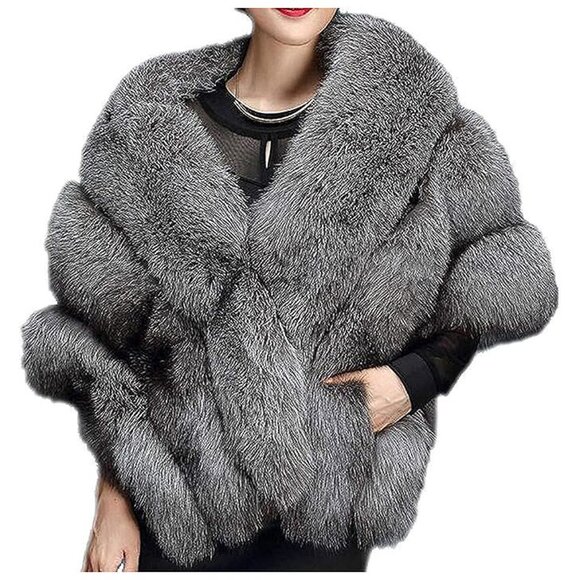 Women's Luxury Party Faux Fox Fur Long Shawl , A-dark Grey - Picture 4 of 5